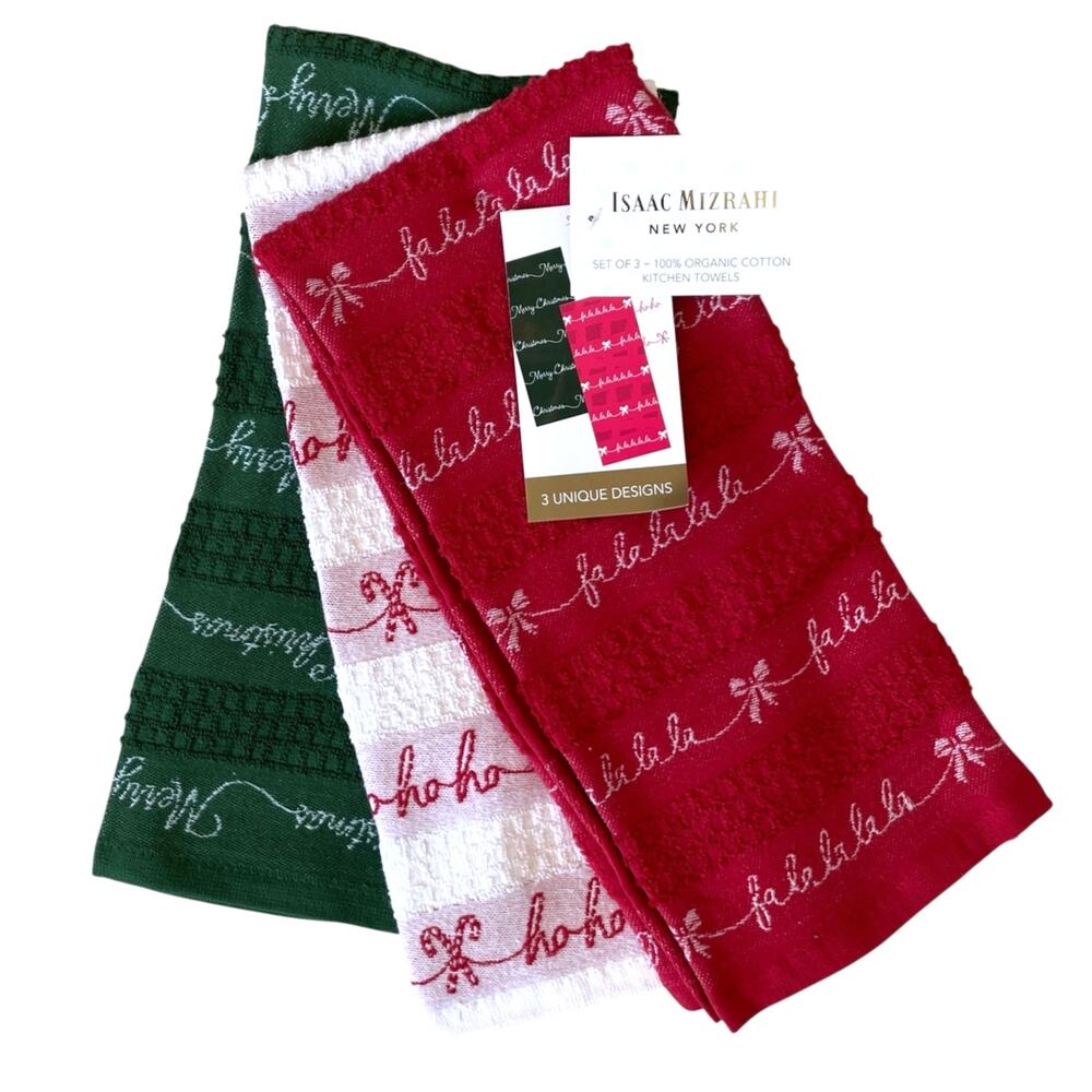 Isaac Mizrahi Christmas Kitchen Towel Set of 3 Cotton Red Green &  White New